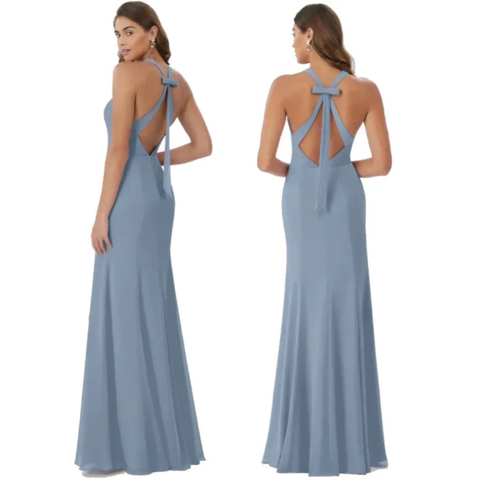 Azazie NWT Dusty Blue Bellatrix halter silhouette bridesmaid Dress size 4